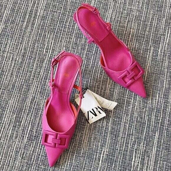ZARA Leather Heels with Front Buckle NWT | Fuchsia Slingback Size 7.5 - Picture 10 of 16